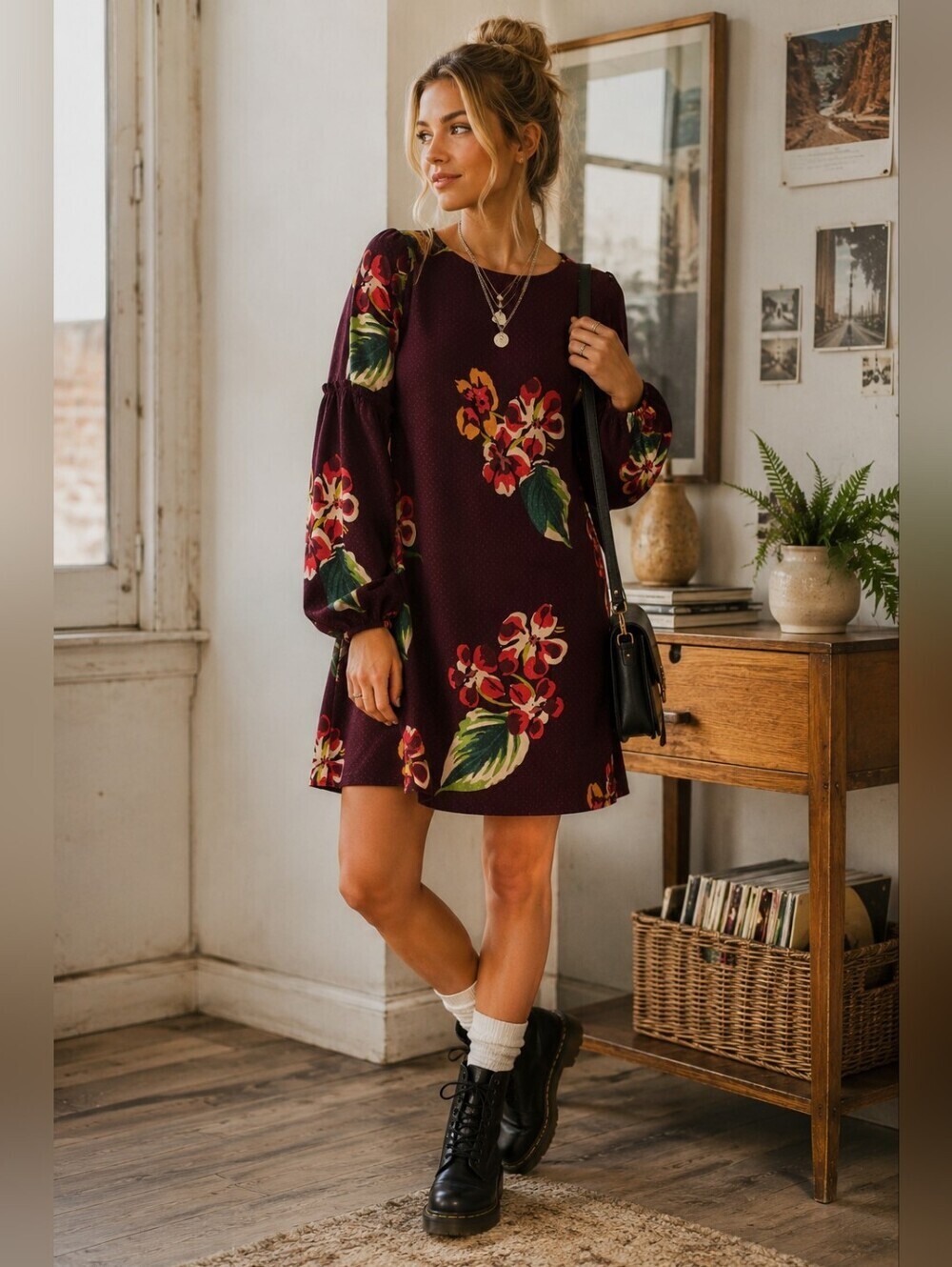 LOFT Dress Small Burgundy Floral Long Sleeve Shift Sheath Lined